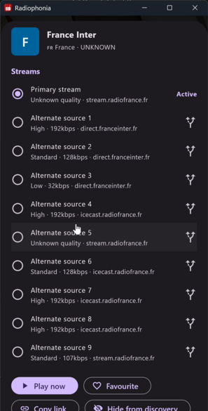 Screenshot of Radiophonia v0.8.0 alternate streams