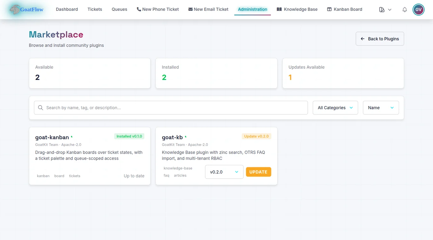 The admin marketplace: goat-kb offers an update with a version picker; goat-kanban is up to date